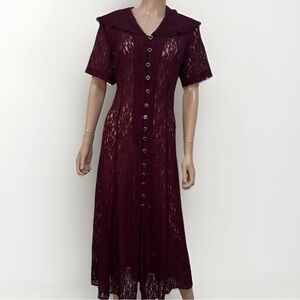 VTG Burgundy Lace Button-Down Long Dress Size L Short Sleeve